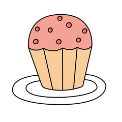 Sweet pink cupcake with red sprinkle. Dessert on white background. Sweet food. Tasty pink glaze cake.Translucent vector illustration.