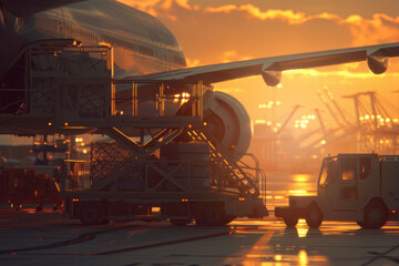 Unloading luggage from a passenger plane at the airport with a beautiful sunset in the background
 - obrazy, fototapety, plakaty
