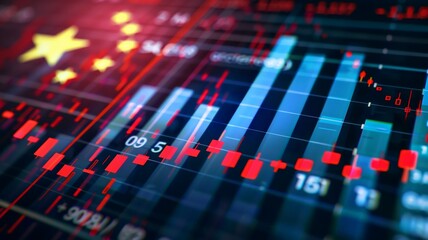 Decreasing stock bar graph with USA and China flags It symbolizes the crisis, trade wars, tariffs between countries, economies.