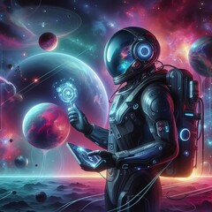 A futuristic astronaut exploring distant planets or galaxies