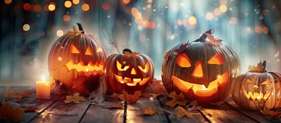 Several intricately carved pumpkins are arranged on top of a rustic wooden table. The pumpkins vary in size and design, showcasing spooky and festive Halloween themes.