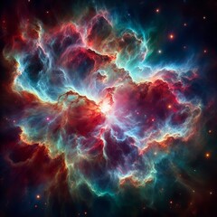 A cosmic nebula with vibrant colors and swirling gases. The nebula is a massive cloud of dust, gas, and plasma that glows with different hues of red, blue, green, and purple. 