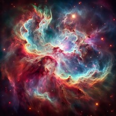 A cosmic nebula with vibrant colors and swirling gases. The nebula is a massive cloud of dust, gas, and plasma that glows with different hues of red, blue, green, and purple. 