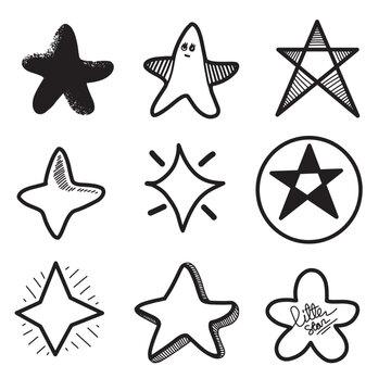 Hand drawn stars set. Star doodles collection on white background.