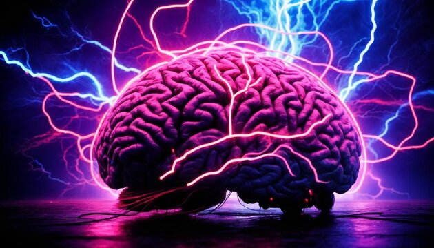 This conceptual image shows a human brain illuminated by intense electrical light, representing the dynamic and energetic processes of the human mind.