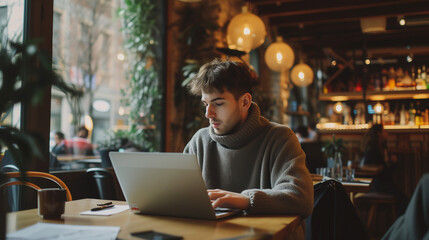 Digital nomad young man using laptop computer at the cafe, working remote and technology concept