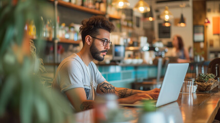 Obraz premium Digital nomad young man using laptop computer at the cafe, working remote and technology concept
