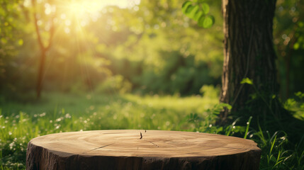Abstract empty wooden desk tabletop with copy space over spring and summer blurred background, display for product montage