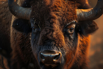 Close portrait of a bison looking straight into the camera
