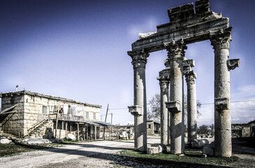 Entrance colonnade. Temple of Zeus-Olbius. Village of Uzuncaburç(diocesarea). Silifke.Eastern Mediterranean.Turkey.