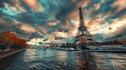 Picture of the Eiffel Tower on a cloudy day, Paris, France.