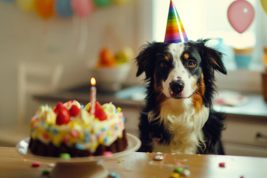 
dog in a party cap celebrates his birthday with cake and candles