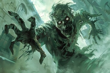 A frightening digital illustration showcases a zombie with glowing eyes emerging in a decrepit urban environment