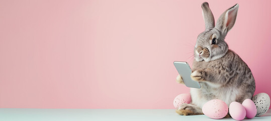 Fototapeta na wymiar Easter bunny texting on smartphone on pastel background