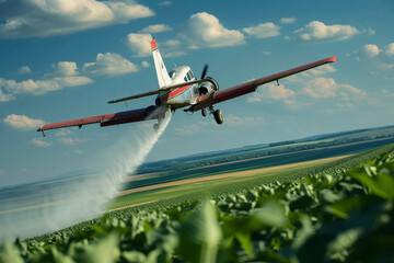 A plane spraying a green field, in motion. A plane in the sky from which liquid or water with chemicals flies out onto green plants in the field
