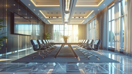 Large modern hotel conference room with high-tech equipment, long table and comfortable chairs