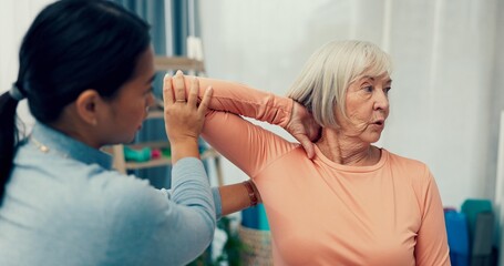 Physiotherapy, stretching and senior woman in consultation for support, exam and helping with...