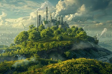 An imaginative depiction of environmental technology with clean energy solutions, waste reduction, and ecosystem restoration, aligned with sustainable development goals