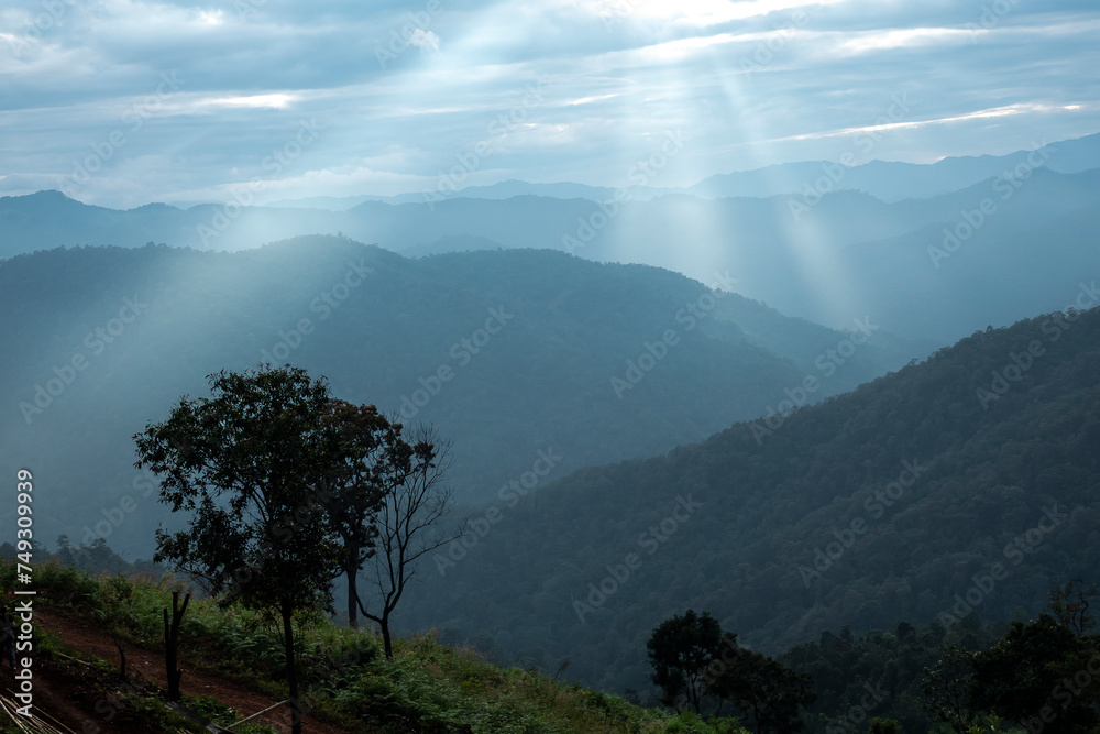 Wall mural sun rays filter through the clouds in hills of the valley illuminated by the sun's rays filtering th