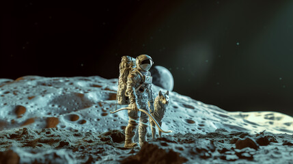 Artemis with bow accompanied with a wolf, Artemis in classic Apollo 13 spacesuit. Moon background with craters.