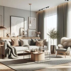 Fototapeta na wymiar Modern Scandinavian Living Room Interior with Elegant Furniture and Decor.wall Art , Poster , Interior Design ,