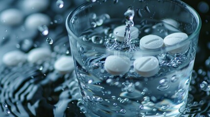 A dynamic image capturing effervescent tablets creating fizz and bubbles as they activate in a clear glass of water. - obrazy, fototapety, plakaty