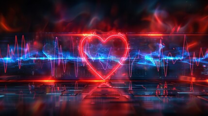 Vibrant neon heart with an electrocardiogram wave in a digital cybernetic space, depicting futuristic health monitoring.