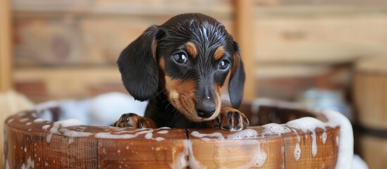 A small dachshund puppy sits comfortably inside a wooden barrel, possibly getting washed or relaxing. The puppys adorable features and the rustic wooden barrel create a charming scene.