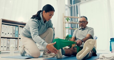 Legs, stretching band or physiotherapist with old man, support or fitness for health or help. Physio, rehabilitation or retirement with training, caregiver with elderly patient for mobility exercise