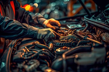 Detailed image showing the hands of a mechanic fine-tuning the engine of a car with tools - obrazy, fototapety, plakaty