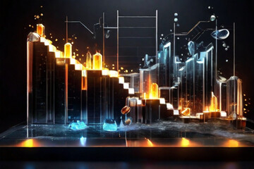 Chart line with transparent crystaliize blocks. Generative AI.