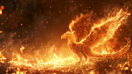 A phoenix reborn from flames, rising majestically in a fiery spectacle, symbolizing rebirth, transformation, and immortality. - obrazy, fototapety, plakaty