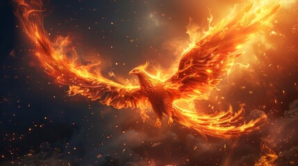 A stunning visual of a phoenix soaring through the sky, its wings engulfed in flames, evoking themes of power and mythical grace.