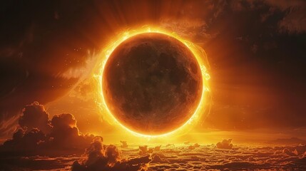 Dramatic solar eclipse capturing the breathtaking moment of totality with radiant solar flares encircling the obscured sun.