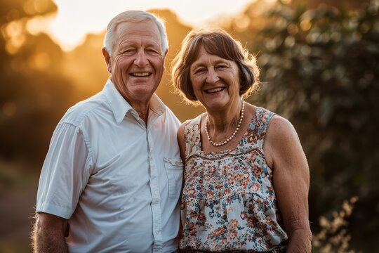 A senior man and woman embracing, radiating warmth and happiness in the golden hour light