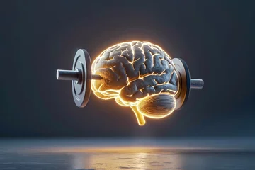 Fotobehang Conceptual image showing a brain with weighlifting dumbbells implying mental strength or intelligence workout © Radomir Jovanovic