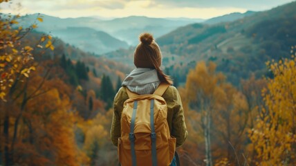 A beautiful woman with a backpack stands with her back turned and looking into the distance at the mountains. Inspiring travel lifestyle Autumn landscape. - obrazy, fototapety, plakaty
