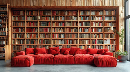 A Big Bookcase with Many Books in a House Interior  - obrazy, fototapety, plakaty