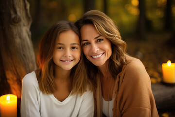 Obraz premium Cozy autumn setting with mother and daughter smiling beside glowing candles.