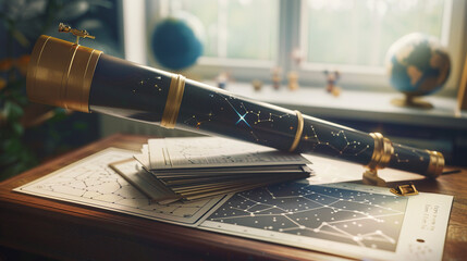 Desk with Telescope and Star Charts - obrazy, fototapety, plakaty