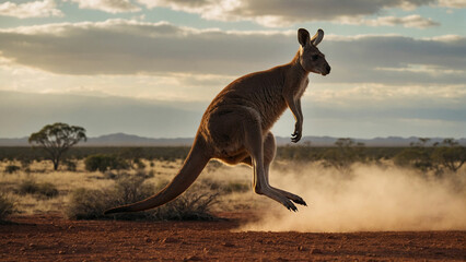 A cute kangaroo mid jump in mid air against a backdrop of an outback landscape and showcasing the powerful grace of its movement