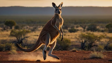 Keuken spatwand met foto A cute kangaroo mid jump in mid air against a backdrop of an outback landscape and showcasing the powerful grace of its movement © mdaktaruzzaman