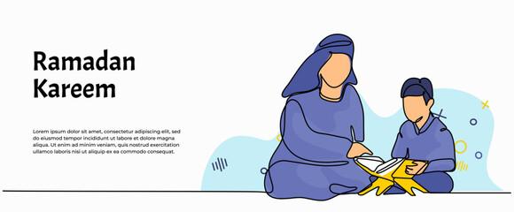 Vector illustration of muslim teach young children to recite the Al-Qur'an. Modern flat in continuous line style.
