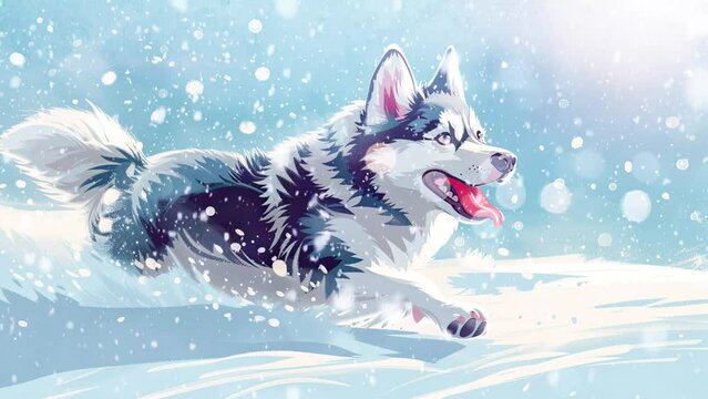 Adorable Cartoon Siberian Husky Frolicking in Snow: Playful and Vibrant Scene
