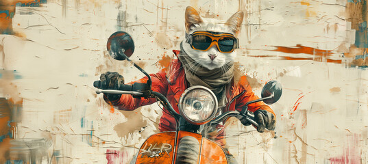 Cat Riding a Motorbike as a Biker, Grunge Texture Vintage Art