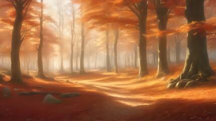 A tranquil forest clearing bathed in warm autumn sunlight, with red and orange leaves gently swaying in the breeze.