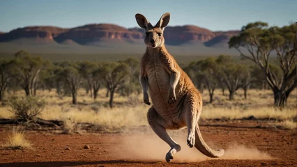 Selbstklebende Fototapeten A cute kangaroo mid jump in mid air against a backdrop of an outback landscape and showcasing the powerful grace of its movement © mdaktaruzzaman