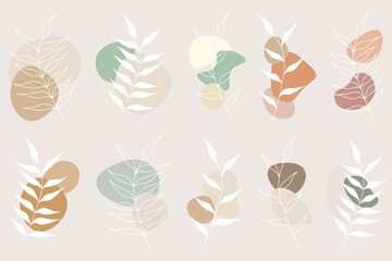 Set minimalist abstract nature art shapes collection. Pastel color doodle bundle for fashion design, summer and spring season or natural concept. Modern hand drawn plant leaf.