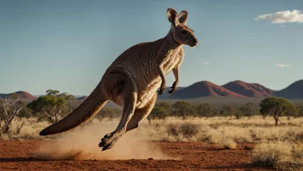 Fototapeten A cute kangaroo mid jump in mid air against a backdrop of an outback landscape and showcasing the powerful grace of its movement © mdaktaruzzaman