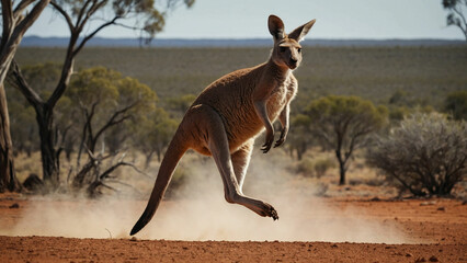 A cute kangaroo mid jump in mid air against a backdrop of an outback landscape and showcasing the powerful grace of its movement